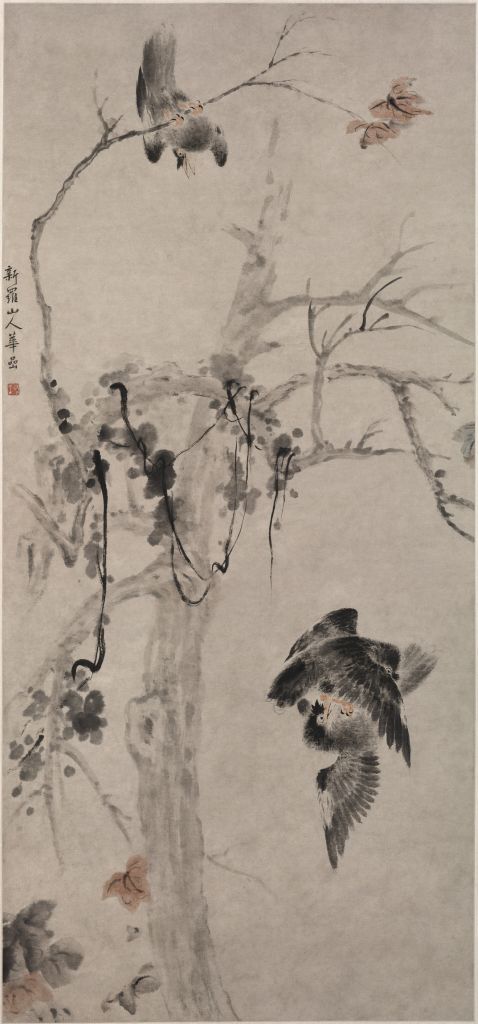 图片[1]-Huayan autumn tree fighting birds picture axis-China Archive